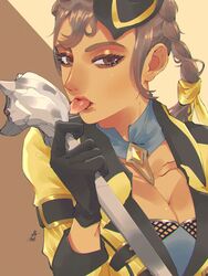  apex_legends bad_id bad_pixiv_id black_gloves black_hat braid breasts brown_eyes brown_eyeshadow brown_hair cleavage collarbone female gloves gold_standard_loba hair_behind_ear hat highres holding holding_staff jacket licking loba_(apex_legends) medium_breasts mini_hat official_alternate_costume revision solo staff tongue tongue_out twin_braids ukiyo_okashi yellow_jacket 