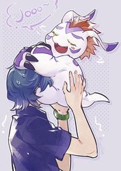  bandai_namco blue_hair blush claws clinging closed_eyes digimon digimon_(species) duo english_text face_hugging feral fur gomamon hair human joe_kido lanllan male mammal red_hair text white_body white_fur 