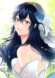  alternate_costume ameno_(a_meno0) backboob bare_back bare_shoulders blue_eyes blue_flower blue_hair blush breasts bridal_veil bride bride_(fire_emblem) dress female fire_emblem fire_emblem_awakening floating_hair flower hair_between_eyes hair_flower hair_ornament holding holding_flower lips long_hair looking_at_viewer lucina_(fire_emblem) sideboob smile solo strapless strapless_dress symbol-shaped_pupils teeth tiara veil wedding_dress white_dress white_flower 