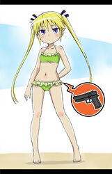  arm_behind_back beretta_92 bikini black_ribbon blonde_hair blush female frilled_bikini frills full_body green_bikini gun hair_ribbon handgun highres kill_me_baby komagoma letterboxed long_hair navel purple_eyes ribbon solo sonya_(kill_me_baby) speech_bubble standing swimsuit twintails weapon 