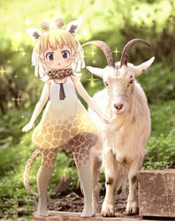  :o adapted_costume aged_down alternate_hairstyle animal animal_ear_fluff animal_ears animal_print bare_shoulders blonde_hair blue_eyes blush brown_hair brown_necktie dress extra_ears female full_body giraffe_ears giraffe_girl giraffe_horns giraffe_print giraffe_tail goat gradient_dress gradient_legwear highres horns kemono_friends kolshica lolicon multicolored_hair necktie no_shoes outdoors photo_background print_dress print_necktie print_thighhighs reticulated_giraffe_(kemono_friends) scarf short_hair sleeveless sleeveless_dress solo sparkle tail thighhighs white_dress white_thighhighs 