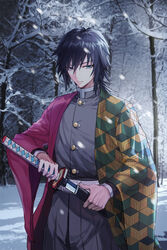  1boy absurdres belt belt_buckle black_hair blurry blurry_background buckle cha_hou cowboy_shot demon_slayer_uniform forest grey_jacket grey_pants haori highres holding holding_sheath holding_sword holding_weapon jacket japanese_clothes katana kimetsu_no_yaiba long_sleeves low_ponytail male_focus nature outdoors pants sheath snow snowing solo sword tomioka_giyuu unsheathing weapon white_belt 