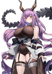  absurdres arknights bare_shoulders black_leotard black_thighhighs breasts commentary_request cowboy_shot dishui_tangni female garter_straps highres horns huge_breasts leotard long_hair looking_at_viewer off_shoulder purple_hair red_eyes simple_background single_thighhigh skindentation solo standing thigh_strap thighhighs thighs typhon_(arknights) very_long_hair white_background 