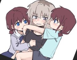  3girls bite_mark bite_mark_on_arm bite_mark_on_chest black_choker black_shirt black_skirt blue_eyes blue_shirt blush choker clenched_teeth clothes_lift commentary dual_persona girl_sandwich girls_band_cry grey_eyes grey_hair hand_on_another&#039;s_chest highres hug iseri_nina kawaragi_momoka licking licking_ear long_hair long_sleeves looking_at_another multicolored_hair multiple_girls parted_lips purple_shirt red_hair roots_(hair) sandwiched shirt shirt_lift short_sleeves short_twintails skirt sweatdrop teeth tutaiiiiii twintails yuri 