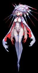  black_background breasts cape carapace colored_inner_hair female fewer_digits highres kasanomaya looking_at_viewer medium_breasts monster_girl multicolored_hair navel no_feet original oversized_forearms oversized_limbs pale_skin red_eyes red_hair short_hair solo thighhighs two-tone_hair white_hair 