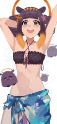  armpits arms_up bikini blunt_bangs breasts commentary double_bun english_commentary female flat_chest flower front-tie_bikini_top front-tie_top haaro hair_bun hair_flower hair_ornament halo highres hololive hololive_english long_hair looking_at_viewer mole mole_under_eye navel ninomae_ina&#039;nis open_mouth pointy_ears purple_hair shawl sidelocks simple_background small_breasts swimsuit takodachi_(ninomae_ina&#039;nis) virtual_youtuber white_background 