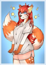  2024 absurd_res ailurid anthro blue_eyes blush bottomwear breasts brown_nose chest_tuft clothed clothing female fur hair half-length_portrait hi_res holding_clothing holding_object holding_shirt holding_topwear mammal ogoneklu orange_body orange_fur portrait red_hair red_panda sami_(red_panda) shirt shorts simple_background solo star topwear tuft white_body white_fur 