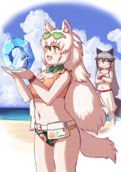  2girls animal_ears arctic_wolf_(kemono_friends) bare_legs bare_shoulders beach bikini bikini_skirt blush closed_eyes crossed_arms eyewear_on_head floral_print_bikini fox_ears fox_girl fox_tail frozen green_bikini green_scarf grey_hair hair_between_eyes heart heart-shaped_eyewear highres kemono_friends kemono_friends_3 kosai_takayuki long_hair midriff multiple_girls navel oerba_yun_fang official_alternate_costume open_mouth orange_bikini orange_eyes scarf sidelocks silver_fox_(kemono_friends) skirt sleeveless smile snowman swimsuit tail white_bikini white_hair white_skirt wolf_ears wolf_girl wolf_tail 