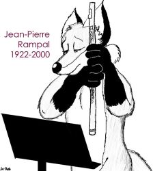  2000 anthro canid canine closed_eyes english_text eyebrows flute fox fur greyscale holding_flute in_memoriam jean-pierre_rampal male mammal monochrome music_stand musical_instrument nude pen_(artwork) red_fox sad signature simple_background snout solo standing tail text traditional_media_(artwork) true_fox unknown_artist unknown_artist_signature white_background wind_instrument woodwind_instrument 