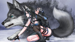  absurdres animal_ears arrow_(projectile) black_gloves black_hair blue_eyes commission fingerless_gloves gloves hair_ornament highres holster indie_virtual_youtuber kell_(vtuber) knife multicolored_hair on_one_knee quiver single_fingerless_glove single_thighhigh snowing streaked_hair tail thigh_holster thighhighs torusava two-tone_hair virtual_youtuber wolf wolf_ears wolf_girl wolf_tail 