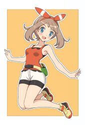  :d bike_shorts bike_shorts_under_shorts blue_eyes blush border bow_hairband breasts brown_hair commentary_request eyelashes fanny_pack female full_body hairband happy knees_together_feet_apart may_(pokemon) open_mouth outline pokemon pokemon_oras shirt shoes shorts sleeveless sleeveless_shirt smile solo teeth try200277 upper_teeth_only white_border white_shorts yellow_bag yellow_footwear 