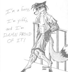  2002 anthro belt bottomwear canid canine clothed clothing digitigrade dracovar_valeford english_text explicit_text fox fur graphite_(artwork) greyscale hair handwritten_text leaning_on_railing looking_at_viewer low_res male mammal monochrome open_clothing open_shirt open_topwear partially_clothed pencil_(artwork) profanity red_fox shaded shirt shorts simple_background smile snout solo standing tail text topwear traditional_media_(artwork) true_fox white_background 