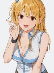  :d absurdres black_wrist_cuffs blonde_hair blush breasts brown_eyes cleavage collarbone collared_shirt commentary eyelashes fairy_tail female hair_between_eyes half_updo hand_up happy highres korean_commentary large_breasts long_hair looking_at_viewer lower_teeth_only lucy_heartfilia one_side_up open_clothes open_mouth open_shirt partially_unzipped saang2cm shirt sidelocks simple_background sleeveless sleeveless_shirt smile solo straight_hair teeth tsurime upper_body v white_background white_shirt wrist_cuffs zipper 