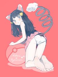  :o animal_ears barefoot black_hair black_shirt blush bright_pupils cat_ears cat_tail character_name clothes_lift commentary_request dawn_(pokemon) feet female grey_eyes hair_ornament hairclip heart highres long_hair looking_back panties pink_background pokemon pokemon_dppt sarada_(meaf3748) shirt sidelocks skirt skirt_lift sleeveless sleeveless_shirt soles solo tail toes underwear white_panties white_pupils 