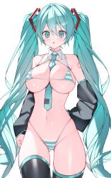  :o absurdres aqua_eyes aqua_hair aqua_necktie arm_at_side arm_behind_back ass_visible_through_thighs bare_shoulders between_breasts bikini black_sleeves black_thighhighs blush breasts commentary_request cowboy_shot detached_sleeves female groin hair_between_eyes hair_ornament hatsune_miku highleg highleg_bikini highres large_breasts long_hair looking_at_viewer meme_attire micro_bikini miku_collar_bikini navel necktie necktie_between_breasts number_tattoo parted_lips shoulder_tattoo simple_background solo standing string_bikini striped_bikini striped_clothes sumi_(mizuoisiiii) swimsuit tattoo thighhighs tie_clip twintails very_long_hair vocaloid white_background 