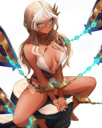  absurdres andromeda_(fate) andromeda_(first_ascension)_(fate) bare_shoulders barefoot blonde_hair braid breasts breasts_apart bright_pupils chains closed_mouth commentary_request crown_braid cuffs dark-skinned_female dark_skin diamond-shaped_pupils diamond_(shape) fate/grand_order fate_(series) female fingernails from_above frown full_body gold_choker green_eyes hair_ornament highres large_breasts long_hair looking_at_viewer on_rock parted_bangs phaethonvt raised_eyebrows revealing_clothes rock shackles simple_background sitting spread_legs symbol-shaped_pupils thighs tsurime upturned_eyes white_background white_pupils 