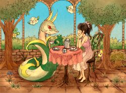  2012 ambiguous_gender beverage biped chair clothed clothing cottonee feral flower furniture generation_5_pokemon group hair human koike_09 legless mammal nintendo plant pokemon pokemon_(species) serperior smile table tea tree 