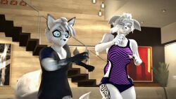  3d_(artwork) absurd_res anthro canid canine controller digital_media_(artwork) domibun duo female fox fur game_controller hi_res leo_(domibun) male mammal maxine_(domibun) nintendo nintendo_controller scared_expression scared_shitless source_filmmaker_(artwork) tattoo throwing throwing_object white_body white_fur wii wii_remote 