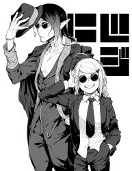  1boy blazer character_request closed_mouth collarbone collared_shirt copyright_request cowboy_shot fedora female gloves greyscale grin hand_in_pocket hat highres jacket long_hair long_sleeves monochrome necktie open_clothes open_jacket pointy_ears shirt smile spirytus_tarou sunglasses untucked_shirt 