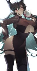  black_hair breast_cutout cleavage_cutout clothing_cutout colored_inner_hair dragon_girl dragon_horns draph female floral_print granblue_fantasy highres horns long_hair looking_at_viewer mole mole_under_mouth multicolored_hair payila_(granblue_fantasy) pelvic_curtain solo thigh_strap thighhighs tuanshan umeda_shiso 