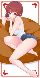  absurdres bare_arms bare_legs bare_shoulders barefoot bean_bag_chair blue_shorts bob_cut border breasts brown_eyes brown_hair closed_mouth commentary_request denim denim_shorts expressionless feet female highres itou_kazuki large_breasts legs light_blush looking_at_viewer lying on_side ornate_border ranma_1/2 short_hair short_shorts shorts signature simple_background solo tank_top tendou_nabiki toes white_background white_tank_top 