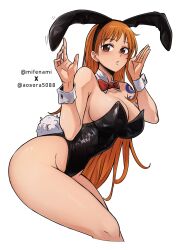  absurdres animal_ears aosora2823 bare_legs bare_shoulders black_leotard blush bow bowtie breasts brown_eyes bulma_(cosplay) bulma_briefs cleavage closed_mouth collaboration collar collarbone cosplay cropped_legs detached_collar earrings english_commentary fake_animal_ears fake_tail feet_out_of_frame female highleg highleg_leotard highres jewelry large_breasts leotard long_hair looking_at_viewer mifenami nami_(one_piece) one_piece orange_hair pearl_earrings playboy_bunny rabbit_ears rabbit_tail red_bow red_bowtie shoulder_tattoo simple_background single_sidelock solo strapless strapless_leotard tail tattoo thighs twitter_username white_background white_collar wrist_cuffs 