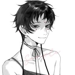  1boy bluekind7 chinese_commentary choker closed_mouth commentary_request facial_mark forehead_mark greyscale highres male_focus mark_under_both_eyes monochrome portrait ribbon_choker sample_watermark shaded_face short_hair shou_qianhui simple_background smile solo spot_color strap_slip touqi_guaitan watermark white_background 