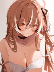  ahoge alt_text artist_name black_choker black_hair blush bow bow_bra bra breasts brown_eyes brown_hair choker cleavage closed_mouth collarbone deyui double_strap_slip fanbox_logo female hair_between_eyes highres hololive lace-trimmed_bra lace-trimmed_choker lace_trim large_breasts long_hair looking_at_viewer multicolored_hair nanashi_mumei one_side_up paid_reward_available patreon_logo solo streaked_hair underwear unfinished virtual_youtuber white_bow white_bra white_hair 