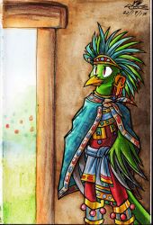  2020 ambiguous_species anthro avian aztec aztec_clothing beak bird cape clothed clothing ear_piercing ear_ring feathered_headdress feathers green_body green_feathers headdress hi_res inside jewelry katnay male ornate_clothing piercing red_eyes ring_piercing royalty smile solo wings 