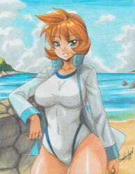  aged_up beach blue_sky breasts cloud competition_swimsuit covered_navel creatures_(company) day female game_freak gen_1_pokemon green_eyes grin gym_leader highres huge_breasts jacket kasumi_(pokemon) kasumi_(pokemon) large_breasts long_sleeves looking_at_viewer misty_(pokemon_hgss) navel nintendo ocean one-piece_swimsuit open_clothes open_jacket orange_hair outdoors pokemon pokemon_gsc pokemon_hgss pokemon_rgby ravernclouk_design rock short_hair sky smile solo sportswear swimsuit thick_thighs thighs track_jacket water white_one-piece_swimsuit 