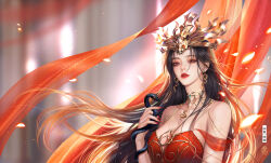  absurdres bare_shoulders black_hair black_snake cai_lin_(doupo_cangqiong) chahua_shi_fei_mo doupo_cangqiong dress earrings falling_petals female hagoromo hair_ornament highres jewelry long_hair necklace parted_lips petals red_dress red_eyes red_nails shawl solo streamers teeth tiara upper_body 