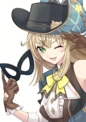  ;d absurdres black_hat blonde_hair bow bowtie brown_gloves female genshin_impact gloves green_eyes hat highres kirara_(genshin_impact) kirara_(phantom_in_boots)_(genshin_impact) long_hair looking_at_viewer mutumumu official_alternate_costume one_eye_closed open_mouth single_bare_shoulder smile solo upper_body yellow_bow yellow_bowtie 