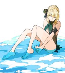  artoria_pendragon_(alter_swimsuit_rider)_(fate) artoria_pendragon_(fate) ass bare_shoulders barefoot blonde_hair braid breasts cleavage fate/grand_order fate/stay_night fate_(series) female halterneck head_tilt highres ki_wa001 looking_at_another medium_breasts saber_alter sitting solo thighs type-moon wading 