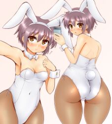  animal_ears ass blue_eyes bow bowtie breasts brown_pantyhose cellphone covered_navel cowboy_shot detached_collar fake_animal_ears female grey_hair highleg highleg_leotard leotard multiple_views nagato_yuki pantyhose phone playboy_bunny rabbit_ears rabbit_tail short_hair side-tie_leotard small_breasts standing suzumiya_haruhi_no_yuuutsu tail thick_thighs thighs white_leotard wide_hips wrist_cuffs yukirin_(nagatoyuki_ibukifuko) 