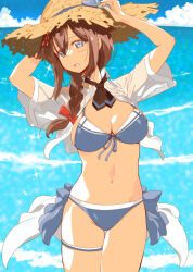  bikini black_ribbon blue_bikini blue_eyes blue_sky braid brown_hair cloud collared_shirt dress_shirt female front-tie_bikini_top front-tie_top hair_between_eyes hair_flaps hair_over_shoulder hat highres kantai_collection long_hair neck_ribbon official_alternate_costume open_clothes open_shirt ribbon shigure_(kancolle) shigure_kai_san_(kancolle) shigure_kai_san_(swimsuit)_(kancolle) shirt side-tie_bikini_bottom single_braid sky solo straw_hat sun_hat swimsuit thigh_strap white_shirt yoshinaga_yunosuke 