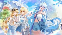  3girls absurdres ahoge alternate_costume bare_shoulders blonde_hair blue_dress blue_eyes cloud cloudy_sky commentary_request dasha denim denim_shorts dress drop-shaped_pupils floating_hair furina_(genshin_impact) genshin_impact hair_between_eyes hand_on_own_hip highres holding holding_suitcase holding_umbrella long_hair long_sleeves looking_at_another lumine_(genshin_impact) midriff multiple_girls navia_(genshin_impact) one_eye_closed open_mouth outdoors pants shirt short_hair_with_long_locks shorts sky suitcase symbol-shaped_pupils umbrella white_hair white_shirt yellow_eyes 