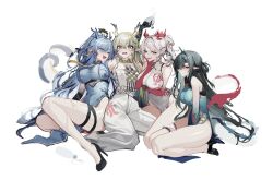  4girls arknights black_footwear black_hair blue_dress blue_hair breasts china_dress chinese_clothes closed_eyes colored_extremities dragon_girl dragon_horns dragon_tail dress dusk_(arknights) dusk_(everything_is_a_miracle)_(arknights) green_dress green_hands green_horns high_heels highres horns large_breasts ling_(arknights) long_hair looking_at_viewer multicolored_hair multiple_girls ness_(pjw0168) nian_(arknights) nian_(unfettered_freedom)_(arknights) official_alternate_costume open_mouth pants pelvic_curtain pointy_ears ponytail red_hair red_hands shoes shu_(arknights) siblings simple_background sisters sitting sleeveless sleeveless_dress slit_pupils strapless tail tongue tongue_out tube_top two-tone_hair white_background white_dress white_hair white_pants white_tube_top 