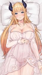  absurdres bed_sheet black_horns blonde_hair blue_eyes breasts closed_mouth demon_girl demon_horns female head_on_pillow highres hololive horns jewelry large_breasts long_hair looking_at_viewer lying multiple_rings nightgown on_back pointy_ears ring see-through_nightgown smile solo tomo0843 virtual_youtuber white_nightgown yuzuki_choco yuzuki_choco_(sleepwear) 