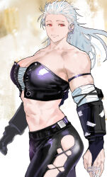  abs absurdres black_corset black_gloves breasts corset dorohedoro earrings female gloves highres jewelry large_breasts long_hair looking_at_viewer muscular muscular_female noi_(dorohedoro) pants park_ongjol red_eyes simple_background smile solo white_background white_hair white_pants 