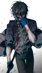  1boy belt black_belt black_coat black_eyes black_hair black_pants blood blood_on_arm blood_on_clothes blood_on_face blue_gloves chinese_commentary closed_mouth coat collared_shirt commentary_request cowboy_shot gloves green_shirt hand_on_own_face highres liu_qingcheng male_focus medium_hair mole mole_under_eye open_clothes open_coat pants shirt smile solo striped_coat sunglasses touqi_guaitan vertical-striped_coat white_background yilianxin 