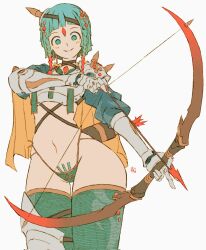  andrewcockroach aqua_eyes aqua_hair aqua_panties aqua_thighhighs armor arrow_(projectile) asymmetrical_armor blunt_bangs blush bow bow_(weapon) braid braided_pubic_hair breastplate capelet choker closed_mouth cowboy_shot criss-cross_straps drawing_bow earrings facial_mark female female_pubic_hair forehead_mark gauntlets hair_ornament hand_up hatching_(texture) headband highleg highleg_panties highres holding holding_bow_(weapon) holding_weapon jewelry leg_armor long_sleeves looking_at_viewer narrow_waist navel original panties pubic_hair pubic_hair_peek quiver short_bangs short_hair shoulder_armor signature simple_background skindentation smile solo spikes standing stomach thigh_gap thighhighs thighs underwear weapon white_background yellow_capelet 