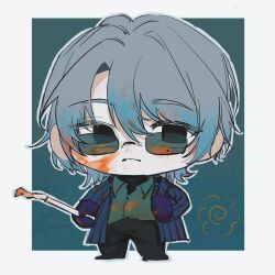  1boy black_eyes black_pants blood blood_on_clothes blood_on_face blue_gloves blue_hair blue_jacket chibi chibi_only chinese_commentary collared_shirt commentary_request gloves gradient_hair green_shirt grey_hair hair_between_eyes jacket liu_qingcheng long_sleeves male_focus medium_hair mole mole_under_eye multicolored_hair open_clothes open_jacket pants shirt solo striped_clothes striped_jacket sunglasses touqi_guaitan vertical-striped_clothes vertical-striped_jacket zhangyu_wanwanwanwanwan 