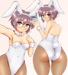  animal_ears ass blue_eyes bow bowtie breasts brown_pantyhose cellphone covered_navel cowboy_shot detached_collar fake_animal_ears female glasses grey_hair highleg highleg_leotard leotard multiple_views nagato_yuki pantyhose phone playboy_bunny rabbit_ears rabbit_tail short_hair side-tie_leotard small_breasts standing suzumiya_haruhi_no_yuuutsu tail thick_thighs thighs white_leotard wide_hips wrist_cuffs yukirin_(nagatoyuki_ibukifuko) 