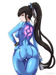  ass black_hair blunt_bangs bodysuit brown_eyes canadiananiguy cosplay eve_(stellar_blade) female gun highres holding holding_gun holding_weapon impossible_bodysuit impossible_clothes long_hair looking_at_viewer looking_back metroid ponytail samus_aran samus_aran_(cosplay) skin_tight solo stellar_blade very_long_hair weapon white_background zero_suit 