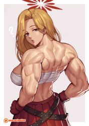  abs absurdres akemi_(blue_archive) biceps blonde_hair blue_archive breasts chest_sarashi crossed_belts delinquent female fingerless_gloves fluffy_hair gloves halo highres large_breasts long_hair looking_at_viewer mole mole_under_eye muscular muscular_female navel red_gloves red_halo red_skirt sarashi simple_background skirt solo speedl00ver sukeban white_background 