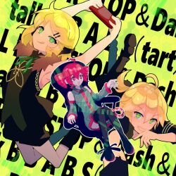  +_+ 1boy 2girls @_@ ahoge black_dress black_footwear black_jacket black_shirt black_skirt black_thighhighs blonde_hair boots commentary controller detached_sleeves dress full_body green_background green_eyes headphones headset holding holding_remote_control jacket jumping kagamine_len kagamine_rin kasane_teto long_sleeves lying multiple_girls on_stomach ponytail red_eyes red_hair red_trim remote_control remote_control_(vocaloid) shirt sitting skirt skirt_set sleeveless sleeveless_shirt thighhighs torino_sasami utau vocaloid yellow_pupils zettai_ryouiki 