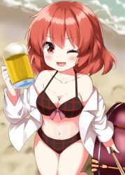  ;d beach beer_mug bikini black_bikini blurry blurry_background blush breasts cleavage commentary_request cowboy_shot cup day drink female hand_up highres holding holding_cup holding_drink horikawa_raiko long_sleeves looking_at_viewer medium_breasts mug navel off_shoulder one_eye_closed open_clothes open_mouth open_shirt outdoors plaid_bikini plaid_clothes red_eyes red_hair ruu_(tksymkw) shirt short_hair smile solo standing swimsuit touhou white_shirt 