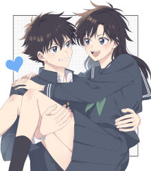  1boy arms_around_neck black_socks blue_eyes brown_hair carrying commentary_request couple eye_contact female floating_hair grin hand_on_another&#039;s_back hand_on_another&#039;s_thigh heart highres holding kuroba_kaito long_hair looking_at_another magic_kaito nakamori_aoko open_mouth pleated_skirt princess_carry sailor_collar sailor_shirt school_uniform shirt short_hair side_part skirt smile socks straight yu_si02 