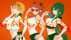  3girls :&lt; adjusting_eyewear alternate_costume bikini blonde_hair braid breasts closed_eyes closed_mouth commentary_request cowboy_shot crossed_bangs double_bun eyewear_on_head facing_viewer from_side fujita_kotone gakuen_idolmaster green_bikini green_eyes green_hair hair_bun hair_over_shoulder hanami_saki hand_on_own_cheek hand_on_own_face hand_on_own_hip heart heart-shaped_eyewear highres holding holding_removed_eyewear idolmaster lineup long_hair looking_at_viewer looking_to_the_side low_twin_braids medium_breasts multiple_girls open_mouth orange_background pecopecosupipi red_hair romaji_text side_up_bun simple_background smile standing sunglasses swept_bangs swimsuit tankini tsukimura_temari twin_braids unworn_eyewear very_long_hair white_bikini yellow_eyes 