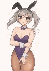  alternate_costume animal_ears bare_arms bare_shoulders bow bowtie breasts covered_navel cowboy_shot detached_collar fake_animal_ears female fire_emblem fire_emblem_awakening grey_background grey_eyes grey_hair highres long_hair looking_at_viewer medium_breasts pantyhose purple_bow purple_bowtie purrlucii rabbit_ears robin_(female)_(fire_emblem) robin_(fire_emblem) simple_background smile solo standing thighs twintails wrist_cuffs 